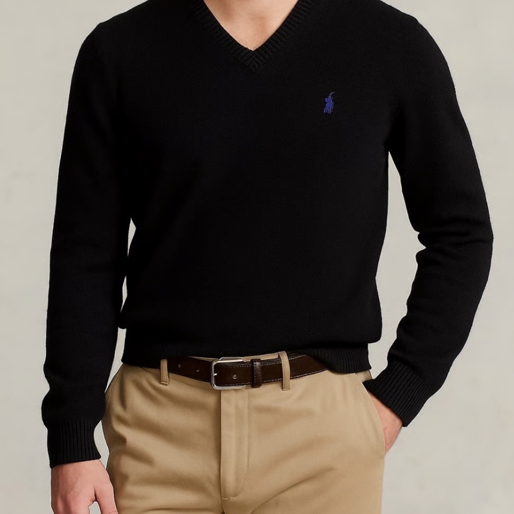 POLO RALPH LAUREN Mens 100% Lambswool V Neck Pony Pullover Sweater XL Black VTG